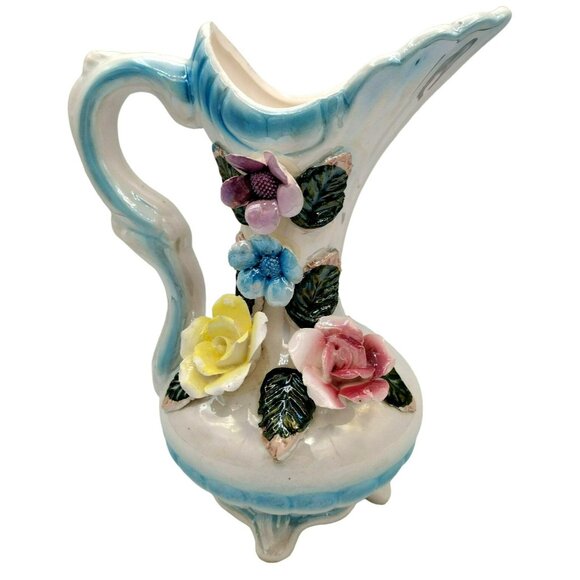 Lusterware Pitcher Vase with Flower Accents and Handle 8 Inches Vintage - Picture 1 of 14